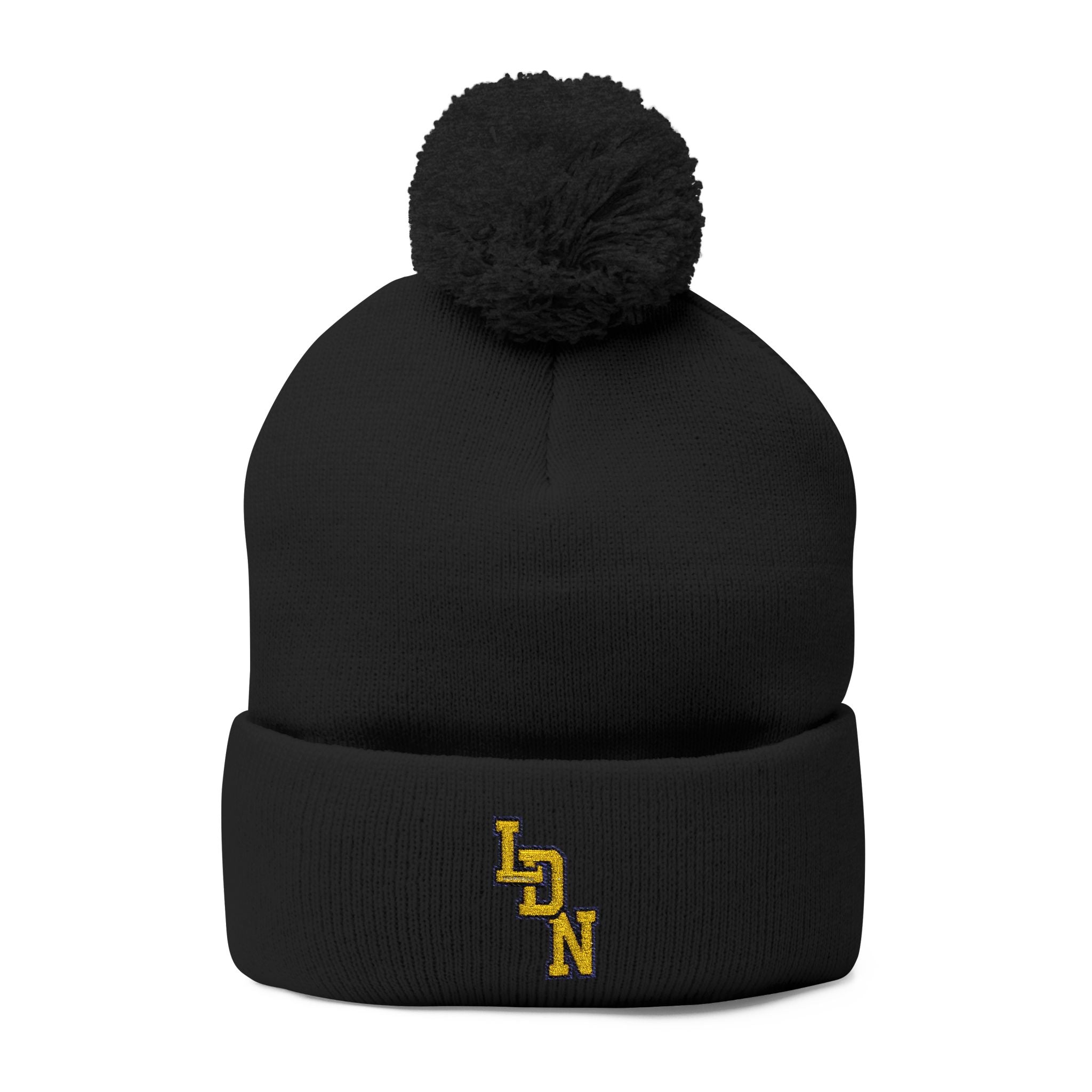 Black beanie with pom-pom and 'LDN' logo on a white background